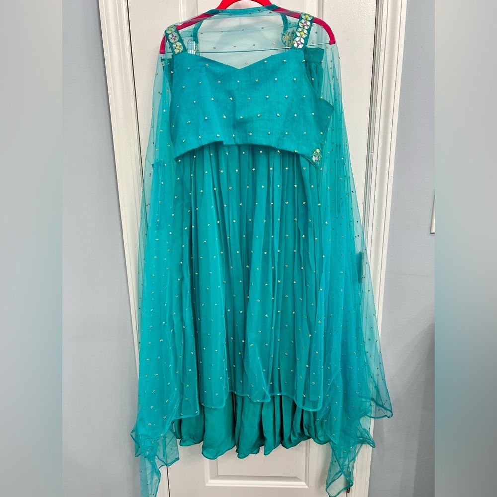 Teal Crop Top With Mirror Work, Net Jacket & Pala… - image 3